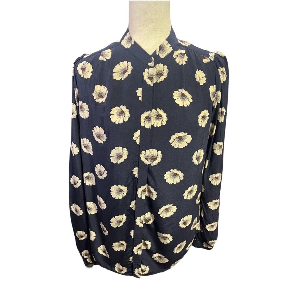 Ann Taylor Black Label  Womens Small Tall Blue Long Sleeve ButtonUp Shirt Floral